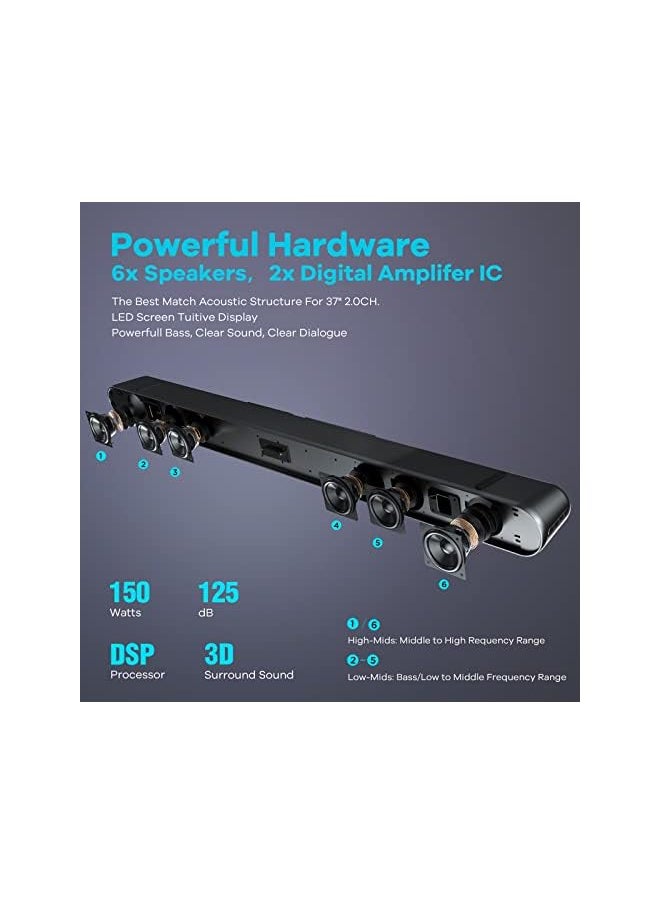 Zaboon - Heymell 150W Soundbar, Sound Bar With Built-In Subwoofer,3D Surround Sound System,Clear Voice Soundbar For Tv, Bluetooth Soundbar Hdmi Arc Optical Coaxial, Include Hdmi Cable - Image 1