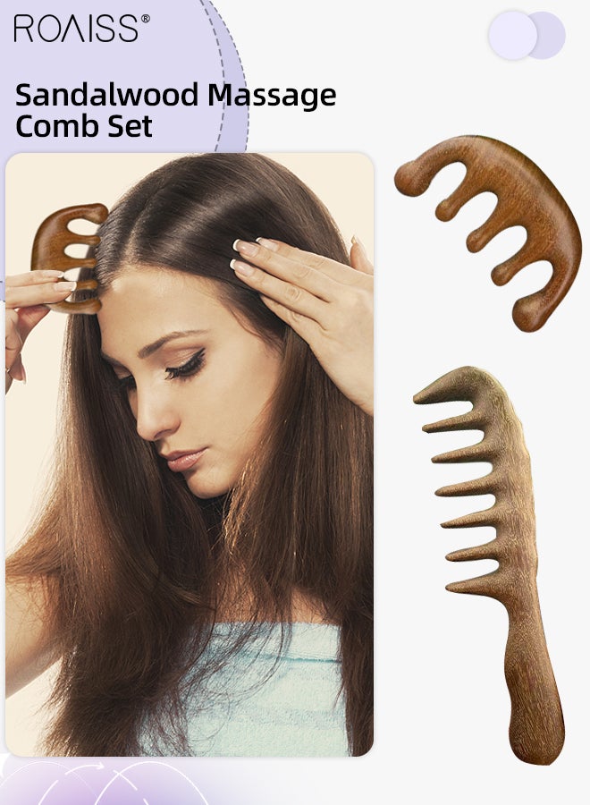 roaiss 2Pcs Golden Silk Green Sandalwood Wide Tooth Hair Comb Five-Claw Head Massager and Big Detangling Massage Comb Set Head Scalp Massage for Men and Women - Image 1