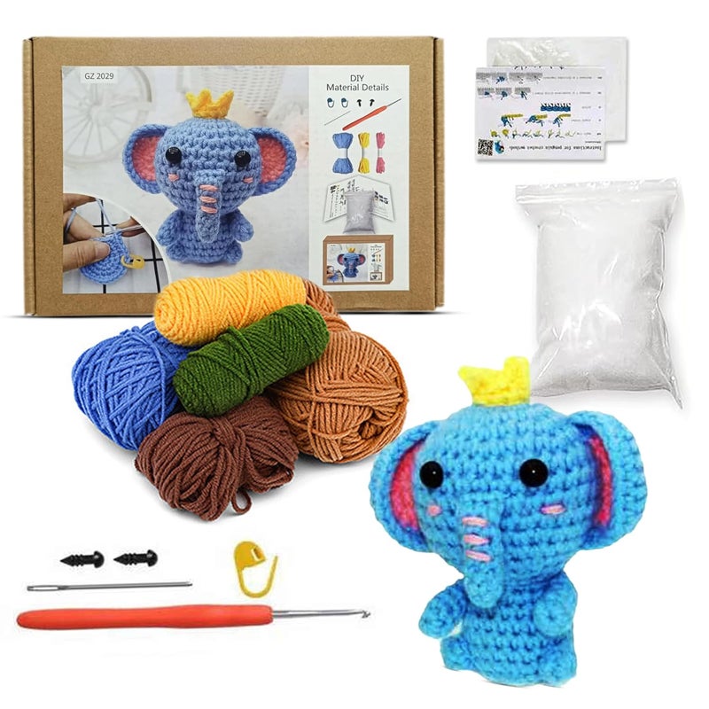 LitVibes DIY Crochet Kits Beginners Art Craft Set Crochet Needles Tools Accessories with StepbyStep Tutorial Video DIY Birthday Return Gift Easy to Learn Knitting Activity Elephant Design