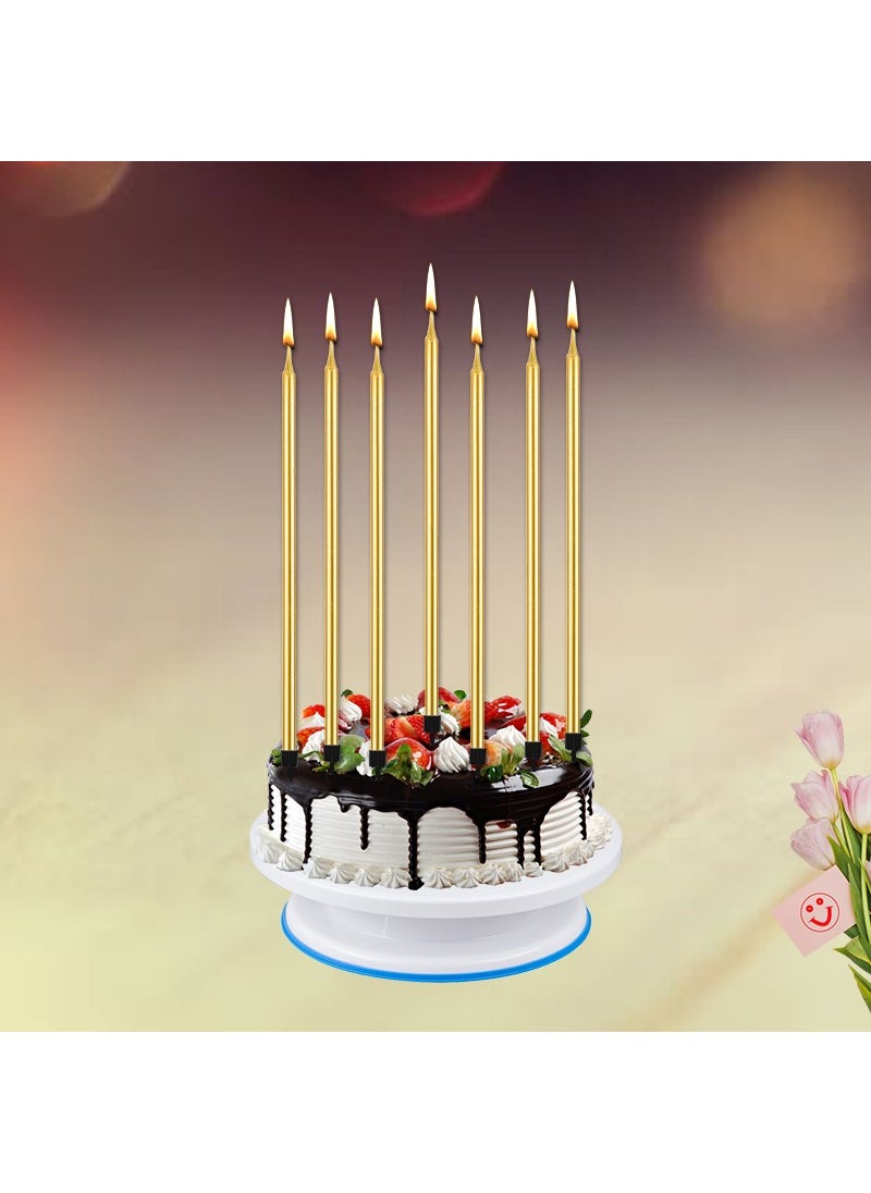 Decorate Baby and Party Thin Tall Cake Candle with Base, 20 cm x 7 Pieces - Gold