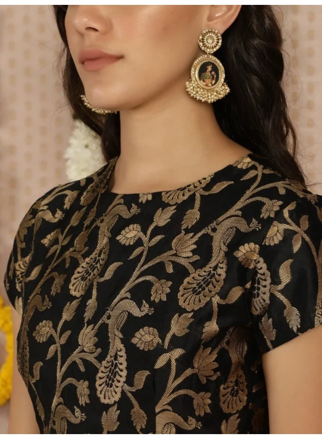 AKS Black & Gold Jacquard Zari Work Lehenga Choli With Dupatta