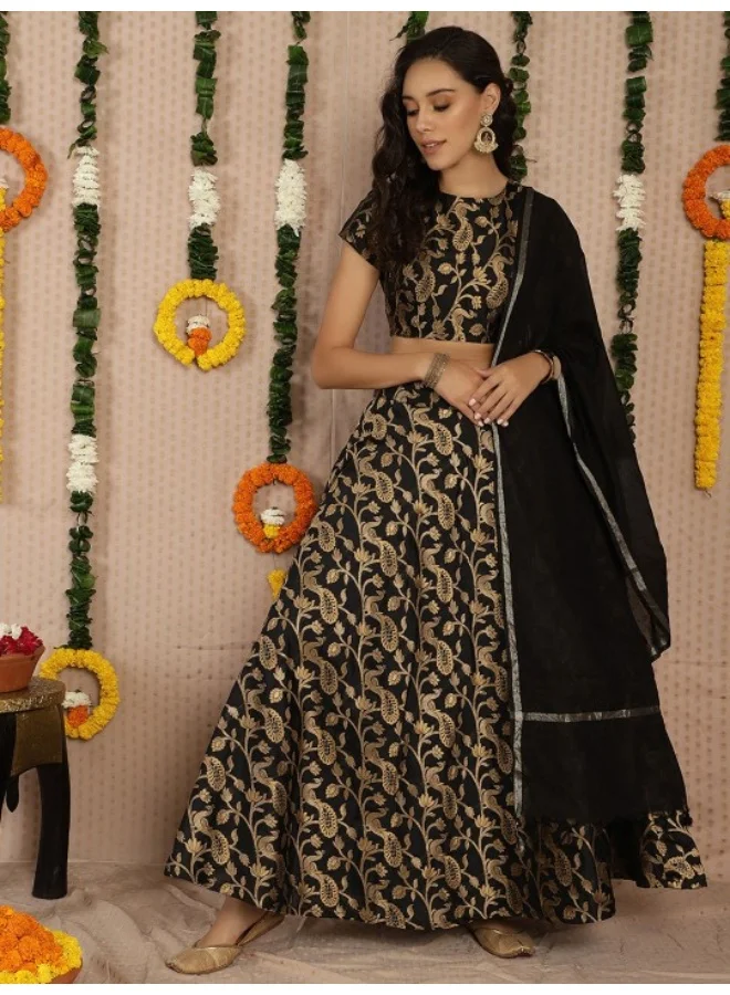 AKS Black & Gold Jacquard Zari Work Lehenga Choli With Dupatta