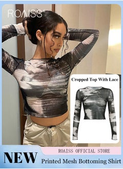 roaiss Women Printed Base Layer Top Slim Fit to Accentuate Figure Ink Gradient Color Design for an Elegant and Timeless Look Playful and Lovely with Lace Accents Casual Long Sleeve Base Layer Shirt for Women  - Image 2