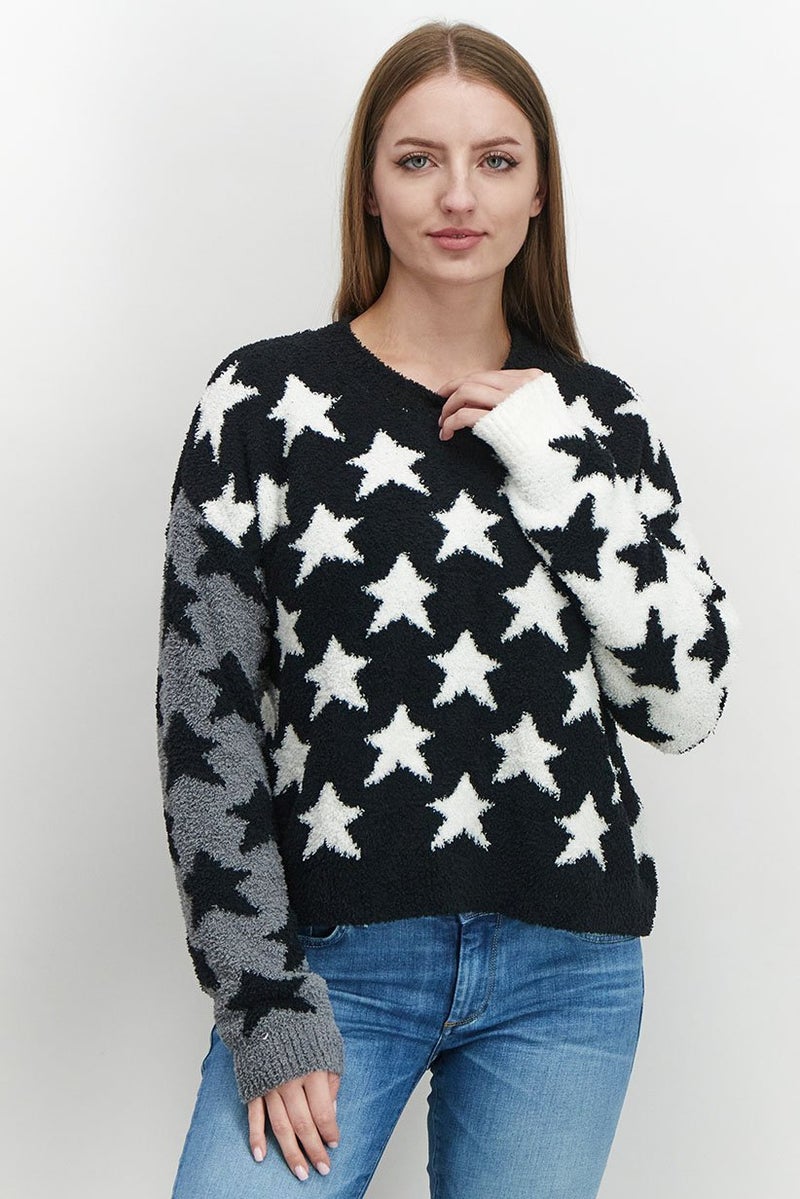 Sundown By Splendid Women Round Neck Textured Sweater, Black and White - Image 1