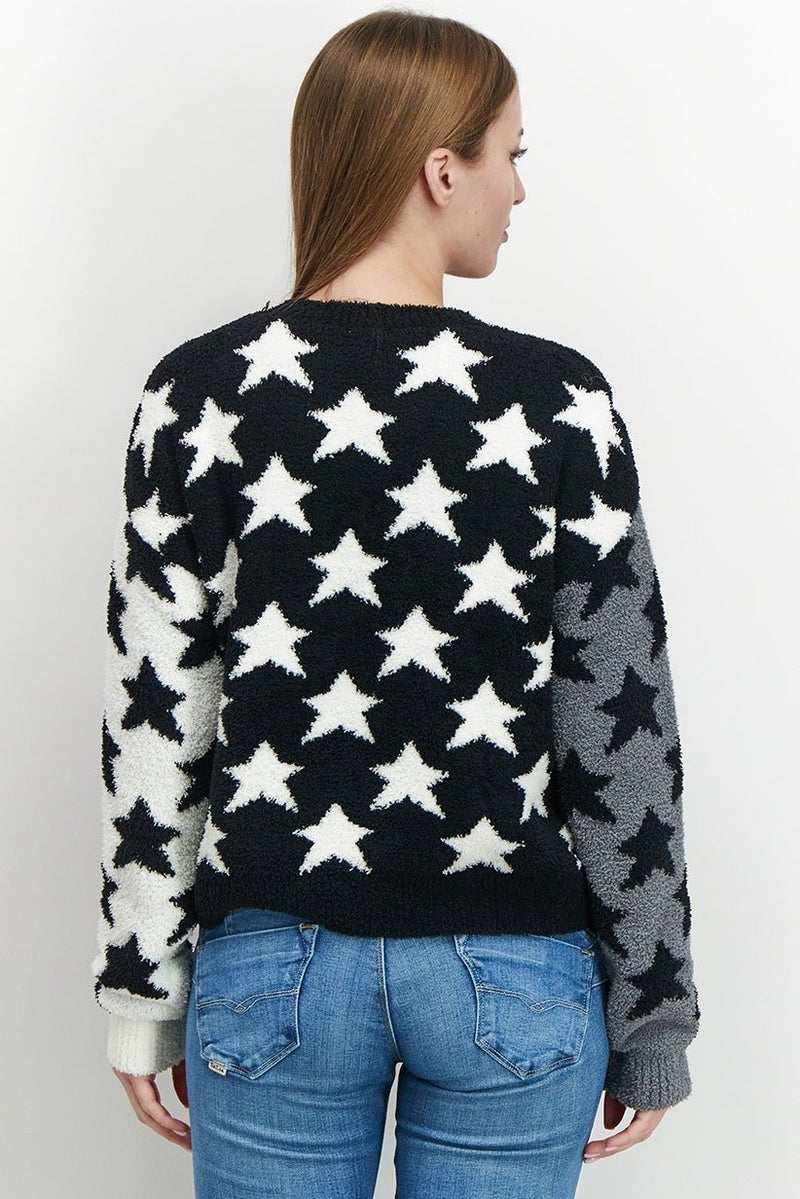 Sundown By Splendid Women Round Neck Textured Sweater, Black and White - Image 3