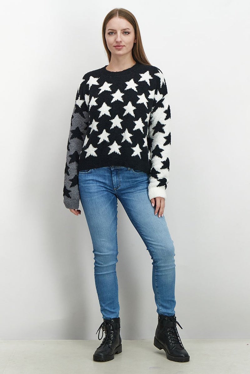 Sundown By Splendid Women Round Neck Textured Sweater, Black and White - Image 4