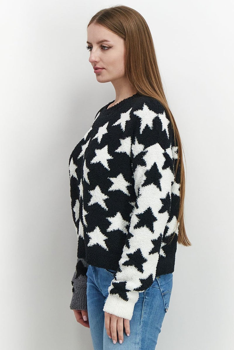Sundown By Splendid Women Round Neck Textured Sweater, Black and White - Image 2