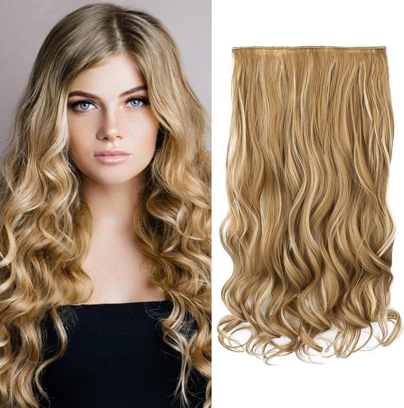 REECHO 20" 1-pack 3/4 Full Head Curly Wave Clips in on Synthetic Hair Extensions HE008 Hair pieces for Women 5 Clips 4.5 Oz Per Piece - Medium Blonde with Blonde Highlights - Image 1