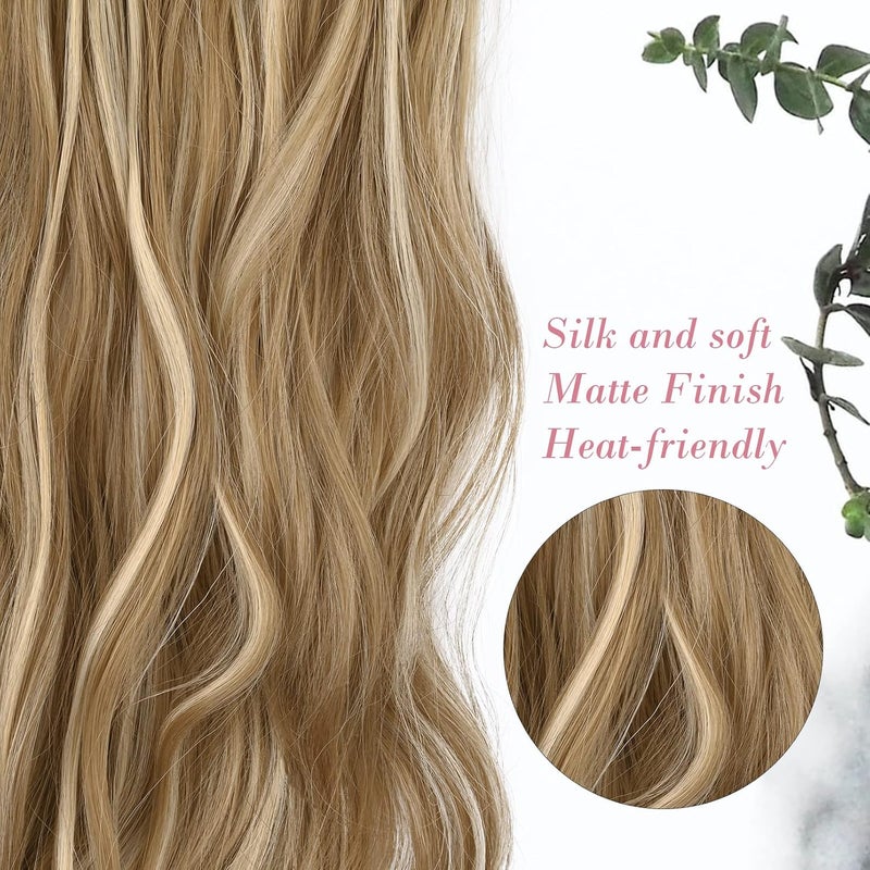 REECHO 20" 1-pack 3/4 Full Head Curly Wave Clips in on Synthetic Hair Extensions HE008 Hair pieces for Women 5 Clips 4.5 Oz Per Piece - Medium Blonde with Blonde Highlights - Image 2