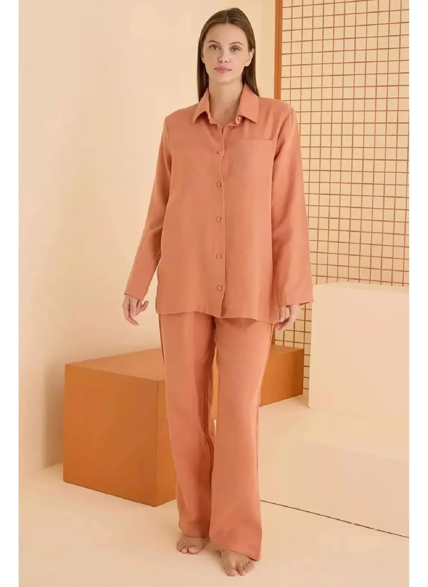 إن بي بي 100% Cotton Special Muslin Fabric Front Buttoned Solid Color Pocket Pajama Set