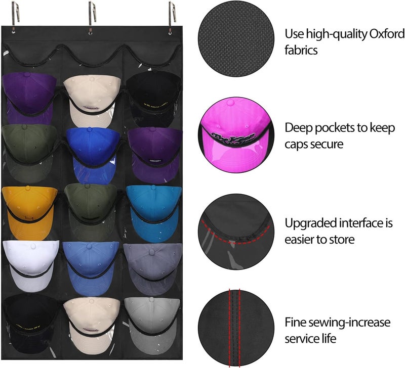 Dofilachy Hat Rack - Hat Organizer - Hat Racks for Baseball Caps, Visible Hat Holder - Baseball Hat Rack for Wall Door with 3 Hooks, 18 Deep Pockets(Black, medium) - Image 1