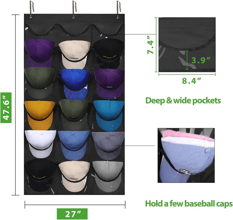 Dofilachy Hat Rack - Hat Organizer - Hat Racks for Baseball Caps, Visible Hat Holder - Baseball Hat Rack for Wall Door with 3 Hooks, 18 Deep Pockets(Black, medium) - Image 4