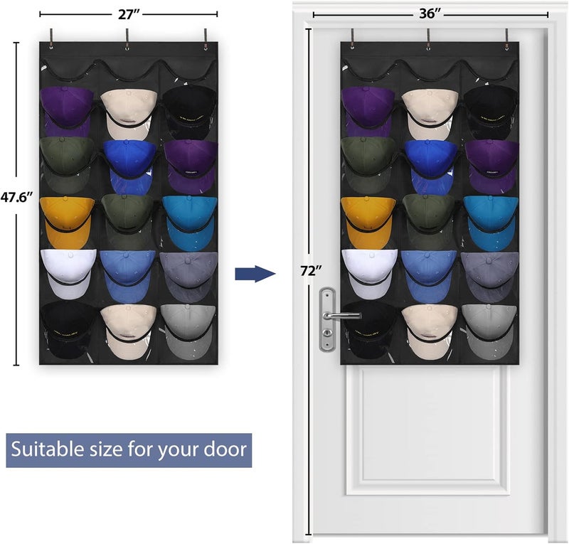 Dofilachy Hat Rack - Hat Organizer - Hat Racks for Baseball Caps, Visible Hat Holder - Baseball Hat Rack for Wall Door with 3 Hooks, 18 Deep Pockets(Black, medium) - Image 3