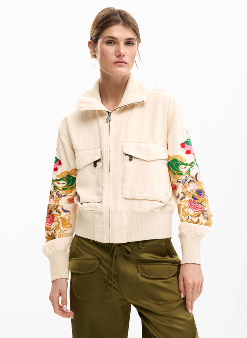 DESIGUAL Jacket With Chest Pockets, Flower Patch-Style Appliqués - Image 1