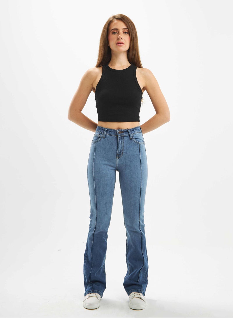 CIZARO High-Waist Medium Washed Pin-Tuck Degrade Flared Jeans. - Image 1