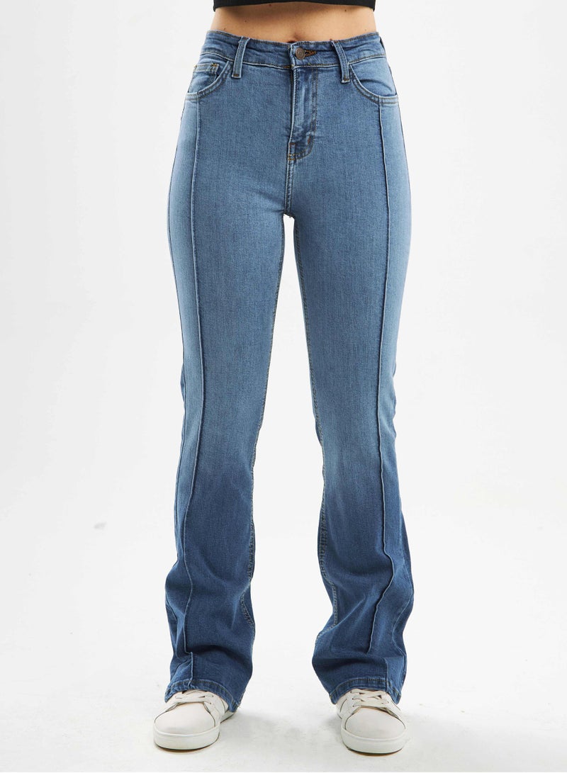CIZARO High-Waist Medium Washed Pin-Tuck Degrade Flared Jeans. - Image 2