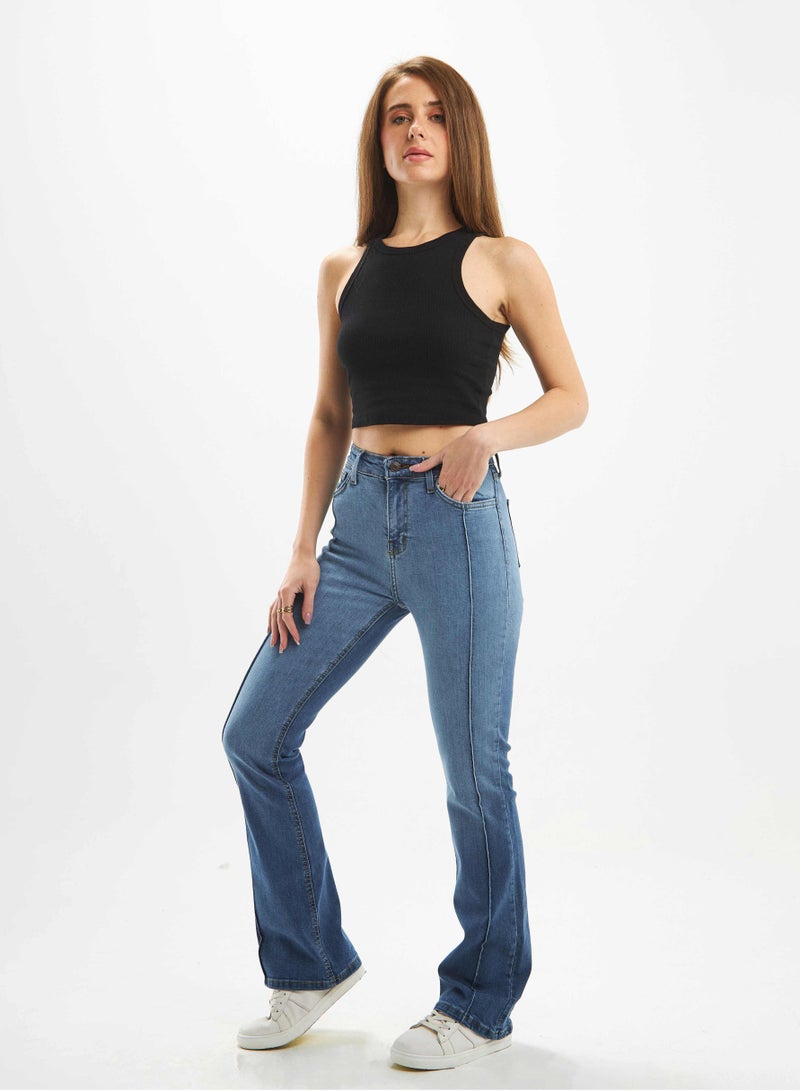CIZARO High-Waist Medium Washed Pin-Tuck Degrade Flared Jeans. - Image 4