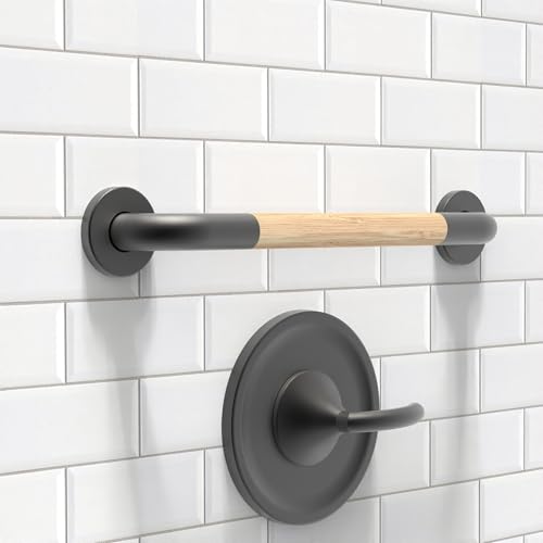 AquaChase Safety Grab Bar for Bathroom Toilet Natural Bamboo Handle ADA Compliant Balance Assist Handrail for Handicap and Seniors 18in Matte Black - Image 1