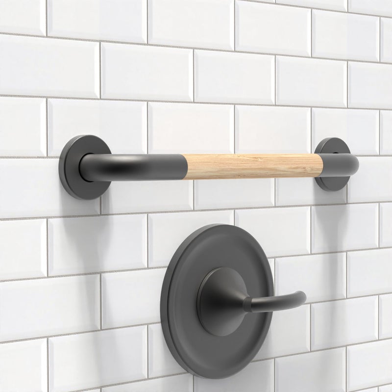 AquaChase Safety Grab Bar for Bathroom Toilet Natural Bamboo Handle ADA Compliant Balance Assist Handrail for Handicap and Seniors 18in Matte Black - Image 2