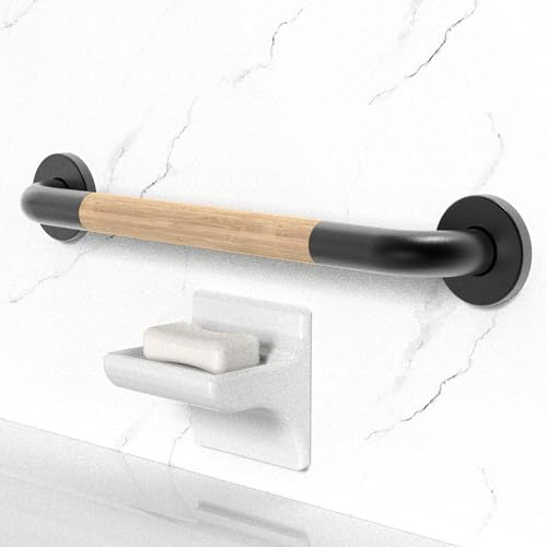 AquaChase Safety Grab Bar for Bathroom Toilet Natural Bamboo Handle ADA Compliant Balance Assist Handrail for Handicap and Seniors 18in Matte Black - Image 3