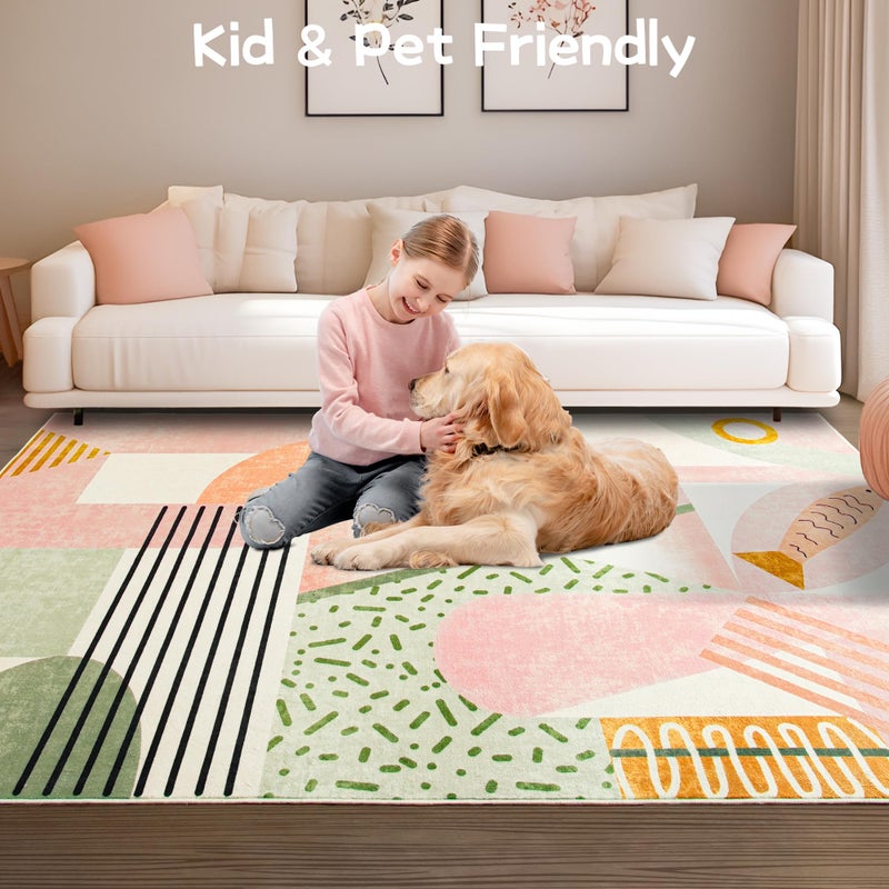 Tepook Pink Area Rug for Living Room, 5x7 Indoor Carpet for Bedroom Washable, Non-Slip Abstract Print Kids Rug for Nursery Playroom Classroom Dorm Office Dining Room - Image 3