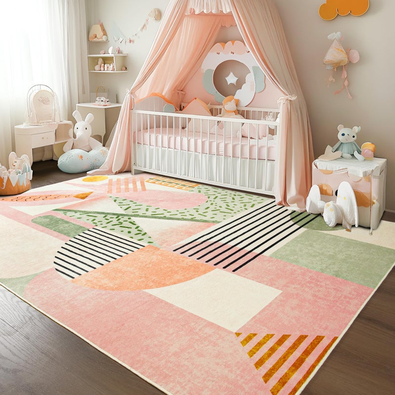 Tepook Pink Area Rug for Living Room, 5x7 Indoor Carpet for Bedroom Washable, Non-Slip Abstract Print Kids Rug for Nursery Playroom Classroom Dorm Office Dining Room - Image 5
