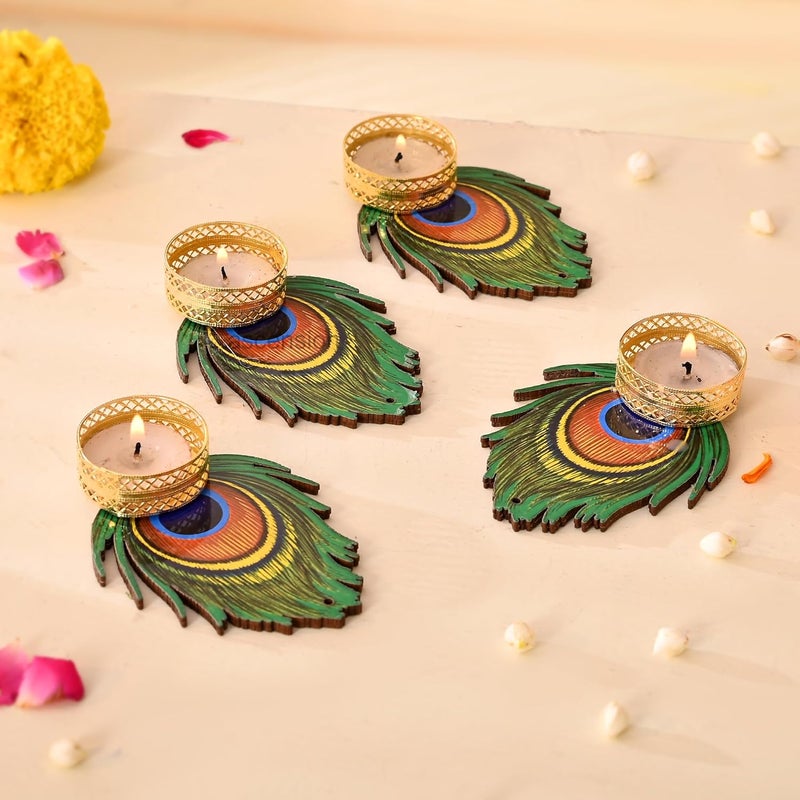 Ascension Decorative Peacock Tealight Candle Holder Stand Set of 4 Mor Pankh Design Reusable Diya for Diwali Floor Rangoli Decoration Items Home Decor Diyas Indoor Outdoor Office Gifting Small - Image 1