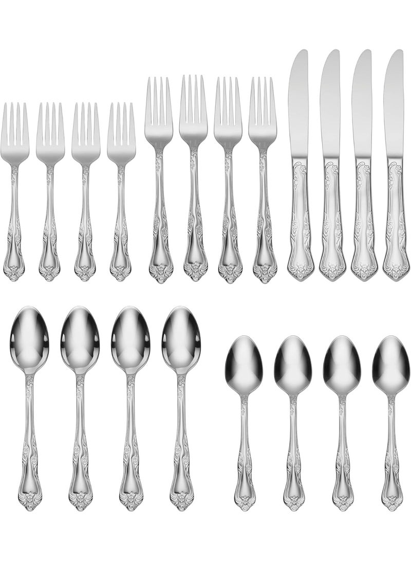 Oneida Azalea 20 Piece Everyday Flatware, Service for 4, 18/0 Stainless Steel, Silverware Set, Dishwasher Safe, Silver - Image 3