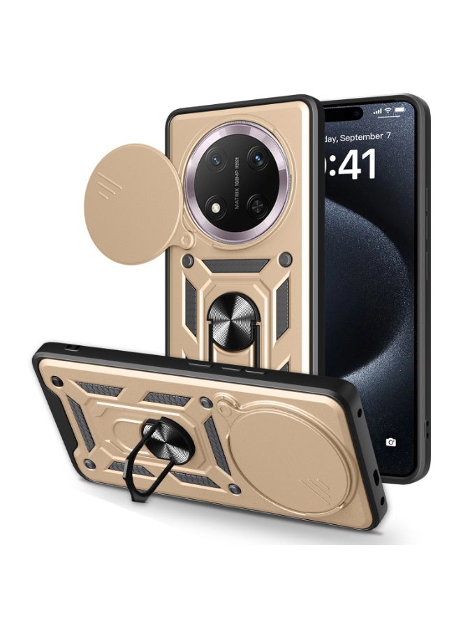Shunjia Sliding Window Case, Shockproof Rugged Armor with Sliding Camera Cover & 360° Ring Kickstand, Compatible with Honor X9c (Gold)