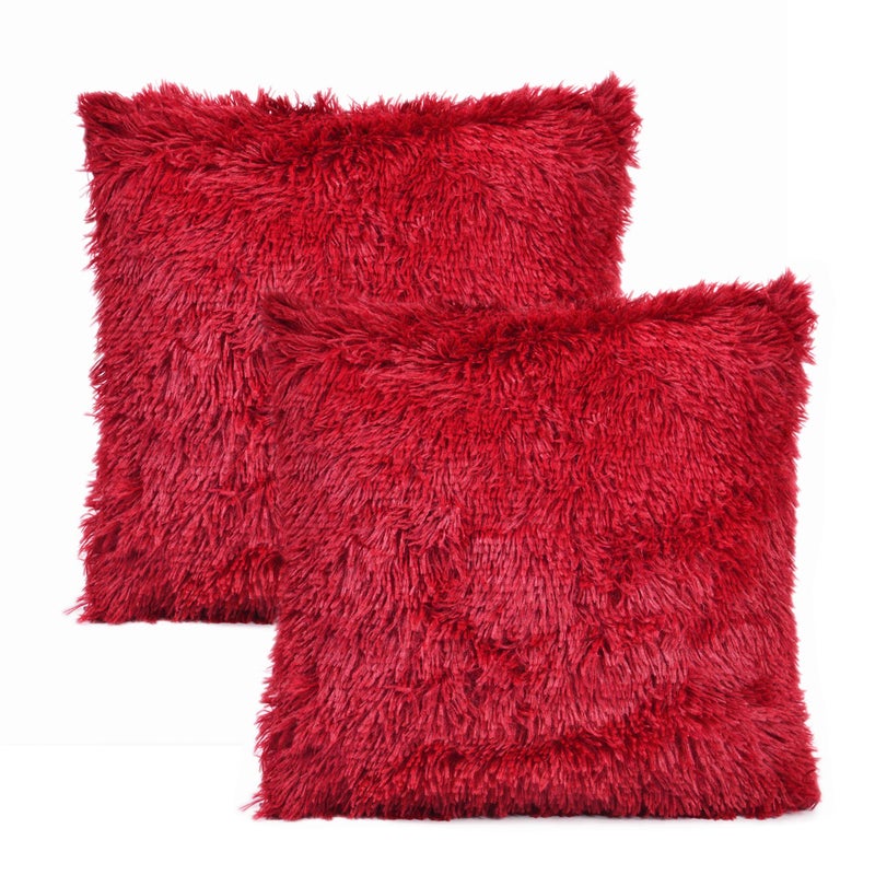 YOUR SMILE Pack of 2, Christmas Decorative New Luxury Series Merino Style Faux Fur Throw Pillow Case Cushion Cover 18" x 18"(Burgundy Red) - Image 1