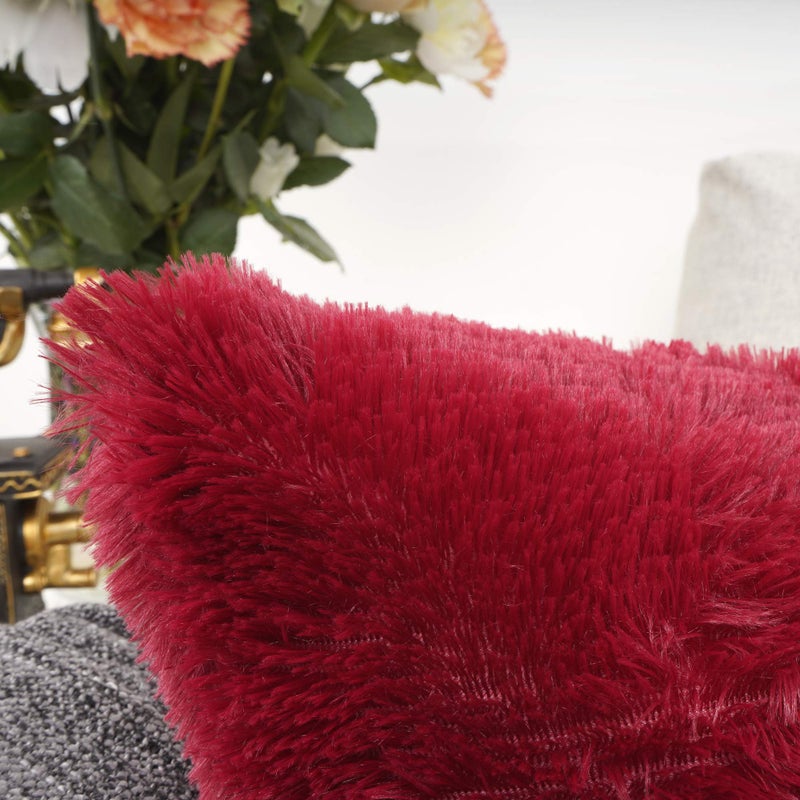 YOUR SMILE Pack of 2, Christmas Decorative New Luxury Series Merino Style Faux Fur Throw Pillow Case Cushion Cover 18" x 18"(Burgundy Red) - Image 4
