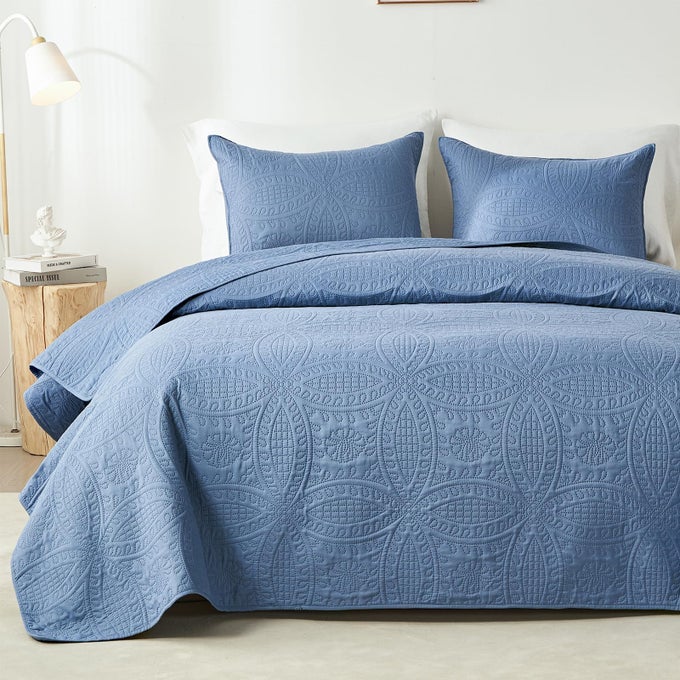 KING QUILT BEDDING SET BLUISH GREY ULTRASONIC QUILT SET LIGHTWEIGHT SOFT BEDSPREAD COVERLET MODERN STYLE COIN PATTERN BED COVER FOR ALL SEASONS 3 PIECE 1 QUILT 2 PILLOW SHAMS