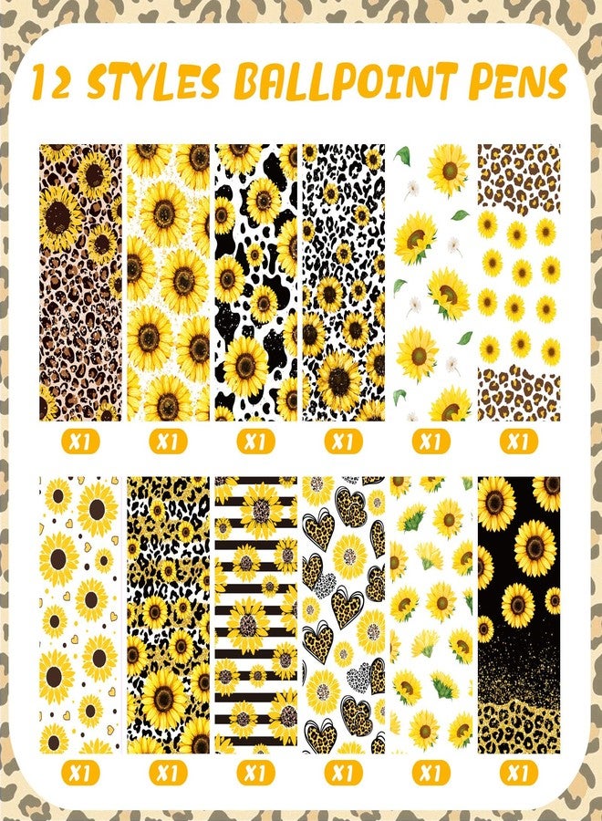 Moinchore 12 Pcs Sunflower Ballpoint Pens Sunflower Gifts Bulk Leopard Writing Pens Sunflower Party Favors 1mm Retractable Black Ink Yellow Flower Floral Click Ball Pens Home Office Supplies for Women - Image 2