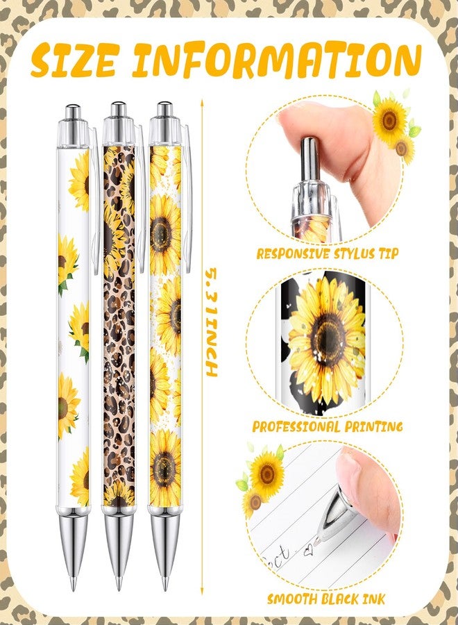 Moinchore 12 Pcs Sunflower Ballpoint Pens Sunflower Gifts Bulk Leopard Writing Pens Sunflower Party Favors 1mm Retractable Black Ink Yellow Flower Floral Click Ball Pens Home Office Supplies for Women - Image 3