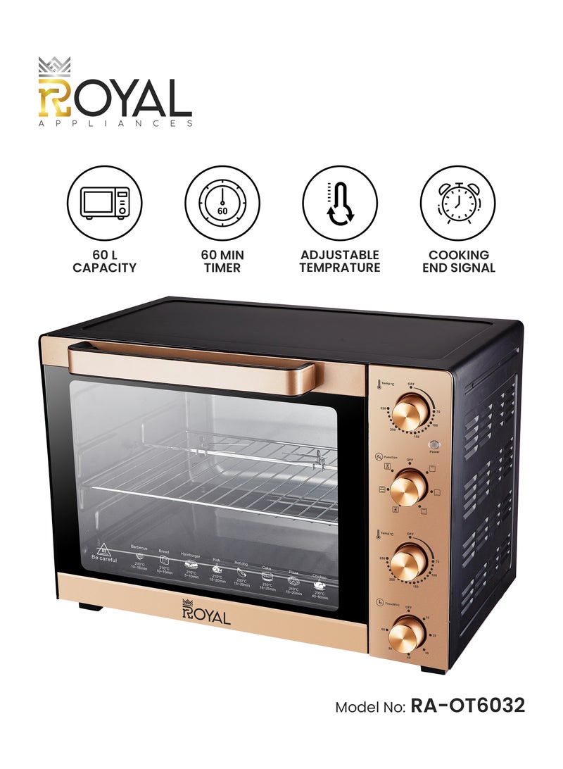 Royal Electric Oven Toaster | Capacity: 60 Liter | Power: 220-240V  50/60Hz | Watts: 1900W With BS plug | Luxury Panel | Adjustable Temperature70~250°C | 60 Minutes Timer with Bell Ring 60 L 1900 W RA-OT6032 Bronze - Image 1