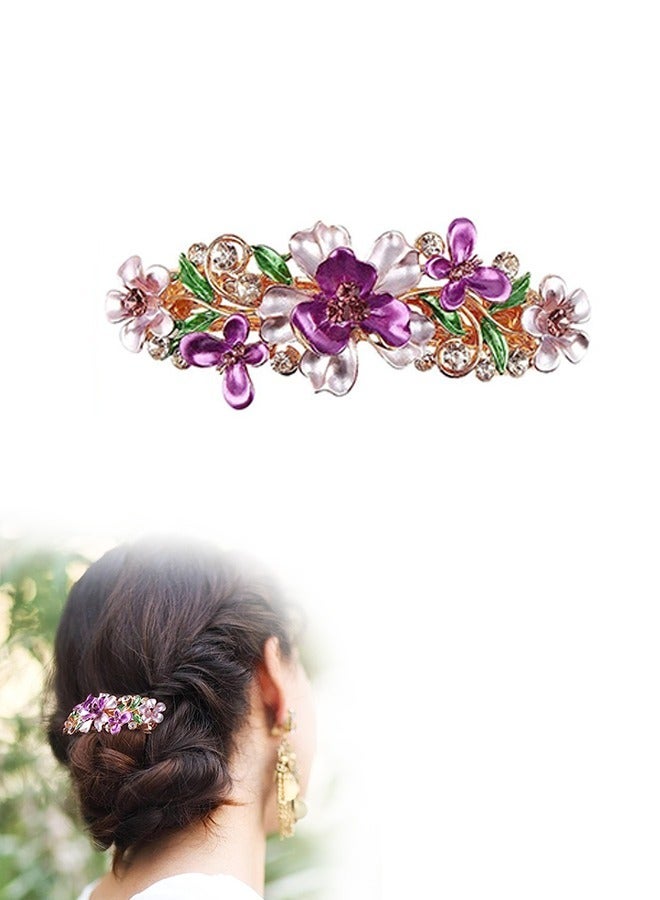 Lacquer Flower Rhinestone Hair Clips, Colorfast Metal Gold Snap Flower Hair Clips, French Barrette Hair Accessories For Women Girls(Purple) - Image 1