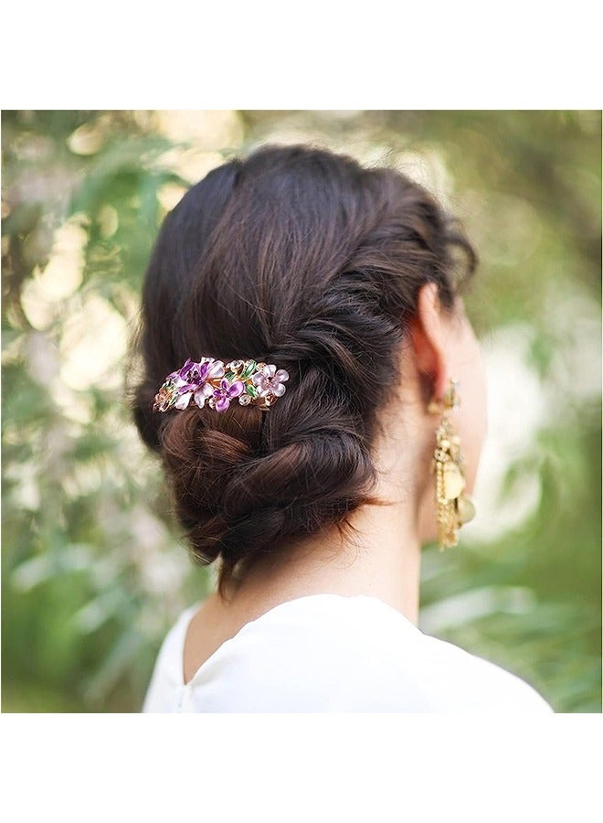 Lacquer Flower Rhinestone Hair Clips, Colorfast Metal Gold Snap Flower Hair Clips, French Barrette Hair Accessories For Women Girls(Purple) - Image 4