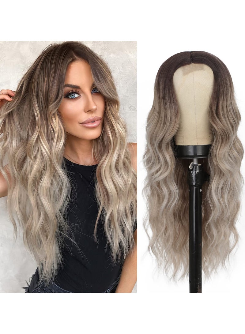 SANMUGEED Long Blonde Wavy Wig for Women - 26 Inch Ash Blonde Wigs for Women, Natural Looking Ombre Blonde Wigs, Easy to Put Blonde Curly wig - Image 1