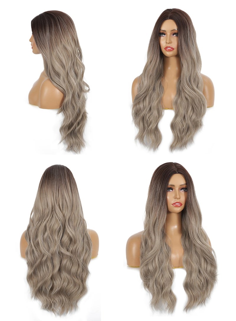 SANMUGEED Long Blonde Wavy Wig for Women - 26 Inch Ash Blonde Wigs for Women, Natural Looking Ombre Blonde Wigs, Easy to Put Blonde Curly wig - Image 2