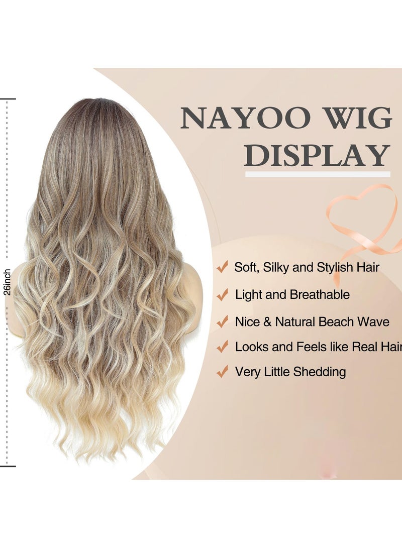 SANMUGEED Long Blonde Wavy Wig for Women - 26 Inch Ash Blonde Wigs for Women, Natural Looking Ombre Blonde Wigs, Easy to Put Blonde Curly wig - Image 3