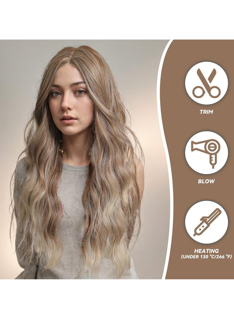 SANMUGEED Long Blonde Wavy Wig for Women - 26 Inch Ash Blonde Wigs for Women, Natural Looking Ombre Blonde Wigs, Easy to Put Blonde Curly wig - Image 5
