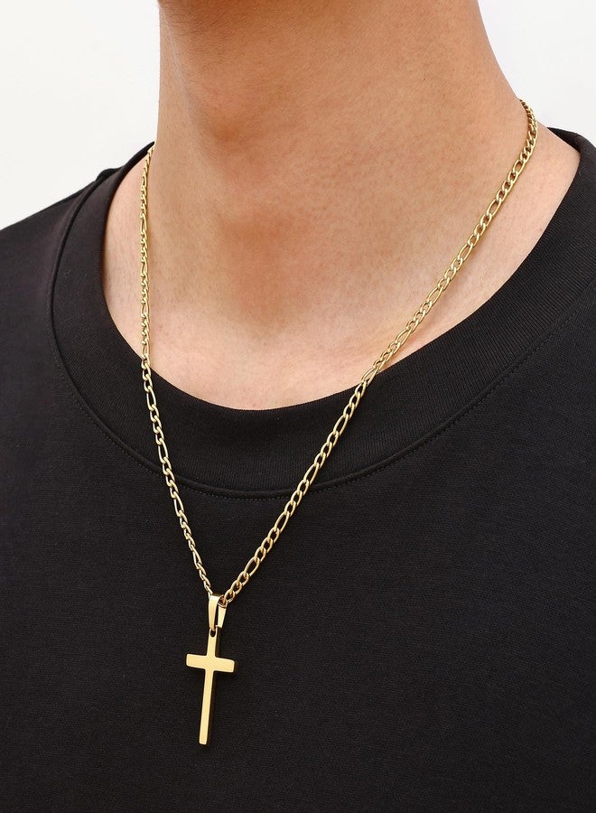 Fiusem Silver Tone Cross Necklace for Men, Stainless Steel Mens Cross Necklaces with 3.5mm Figaro Chain, Pendant Chain 16-24 Inches, 20 Inches, Stainless Steel, No Gemstone - Image 3