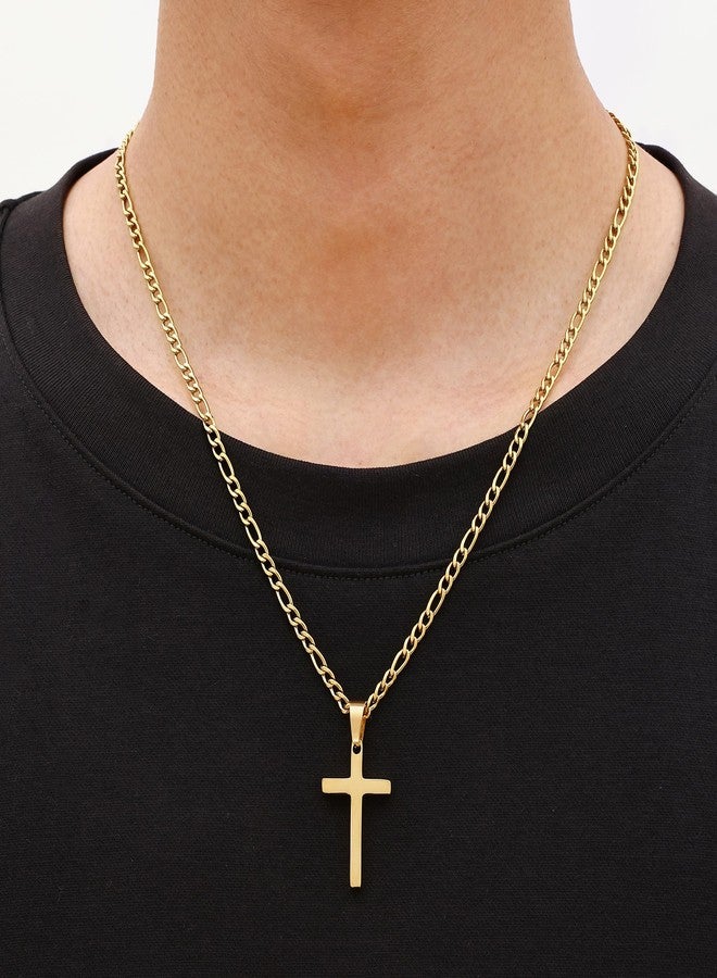 Fiusem Silver Tone Cross Necklace for Men, Stainless Steel Mens Cross Necklaces with 3.5mm Figaro Chain, Pendant Chain 16-24 Inches, 20 Inches, Stainless Steel, No Gemstone - Image 2