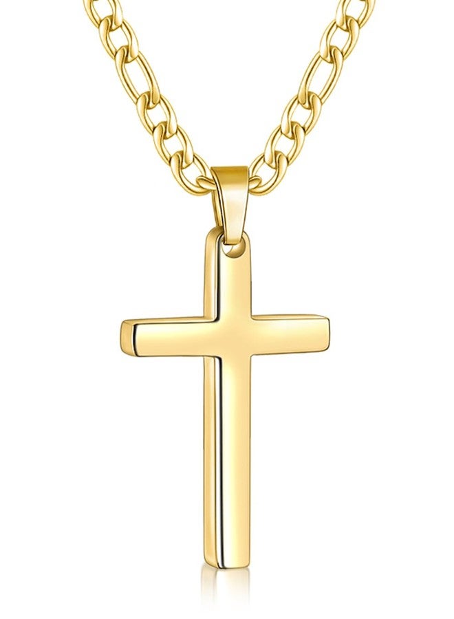 Fiusem Silver Tone Cross Necklace for Men, Stainless Steel Mens Cross Necklaces with 3.5mm Figaro Chain, Pendant Chain 16-24 Inches, 20 Inches, Stainless Steel, No Gemstone - Image 1