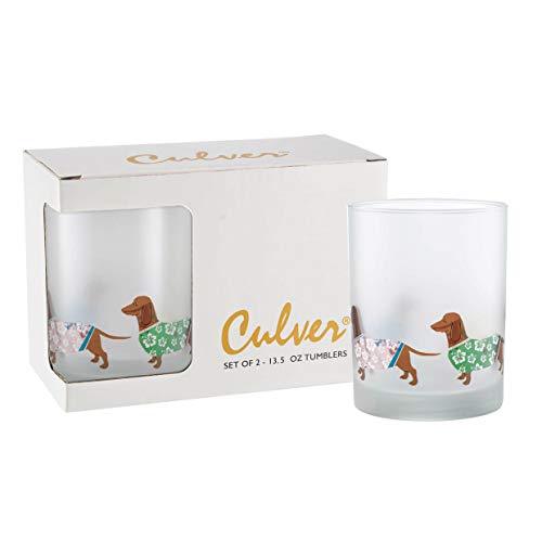 Culver Tropical Decorated Frosted Double Old Fashioned Tumbler Glasses, 13.5-Ounce, Gift Boxed Set of 2 (Luau Dachshunds Dogs) - Image 1