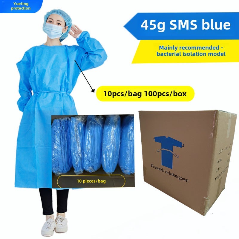 فستان عزل غير منسوج قابل للتخلص منه PPE SMS مضاد للغبار 45 جرام (أساور محبوكة)
