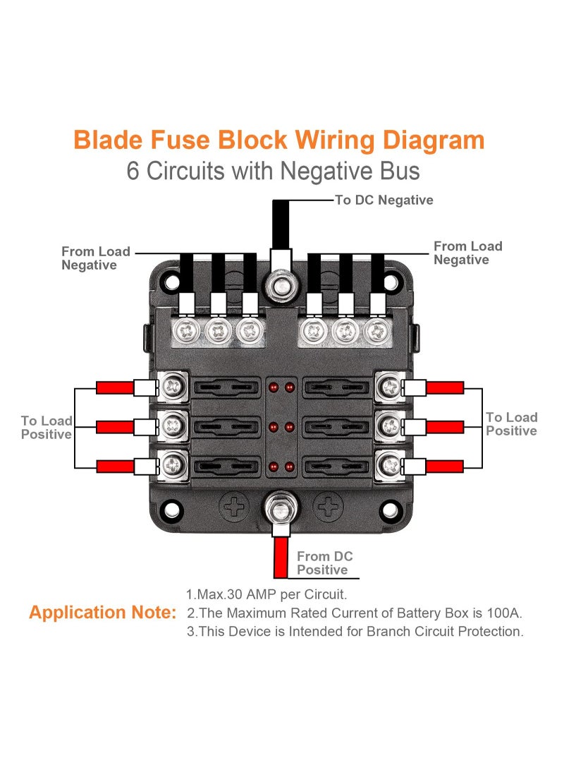 Zikra Blade Fuse Block, 12V Waterproof Fuse Box Holder, 6 Circuit Negative Bus Fuse Box with LED Indicator for Automotive Car Truck Boat Marine RV Van - Image 2