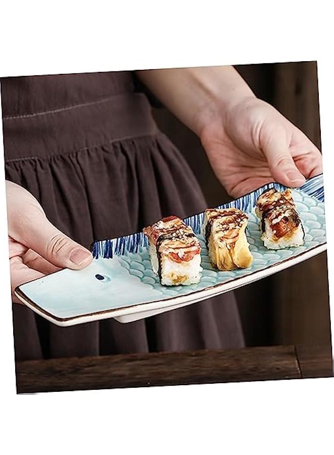 Arabest Sky-blue Ceramics Sushi Roller Boat Serving Tray Nut Server Jewelry Dish Chopsticks Dipper Bowls Water Bowl Dinnerware Making Buffet Rice Paper Fish Sashimi Plate.  - Image 2
