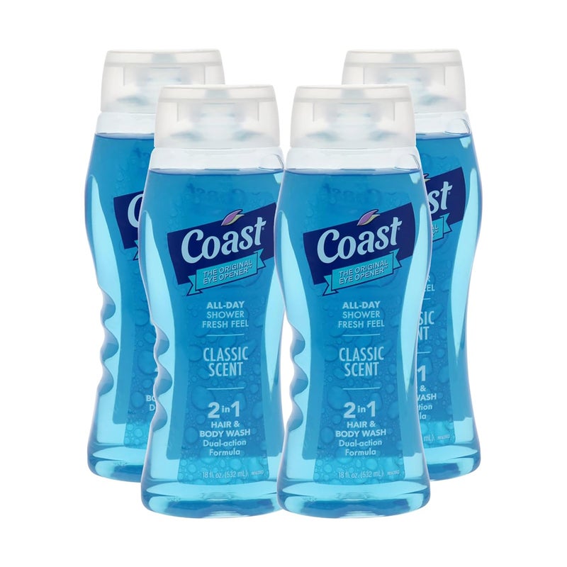 Coast 2in1 Hair and Body Wash Rich Foamy Lather Clean Rinsing Formula without Drying Out Skin Dual Action No Parabens or Phthalates 4 pc