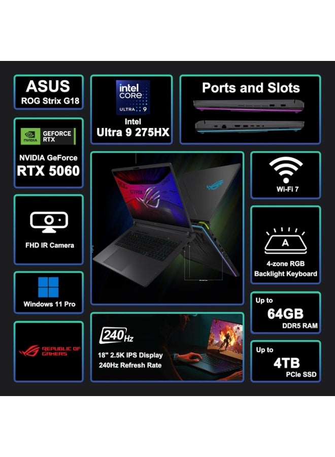 ASUS ROG Strix G18 (2025) Gaming Laptop 18” ROG Nebula Display 2.5K 240Hz/3ms, NVIDIA® GeForce RTX™ 5060 GPU, Intel® Core™ Ultra 9 275HX Processor, 32GB DDR5, 1TB SSD, Wi-Fi 7, Win11 Home English Eclipse Grey - Image 3